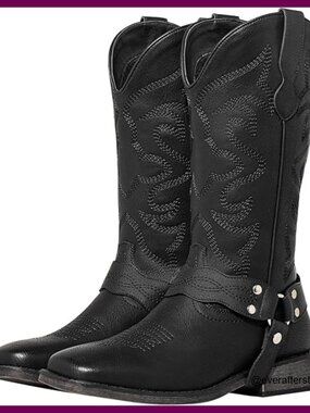 Square Toe Cowboy Boots with Detachable Buckle Strap, Faux Leather